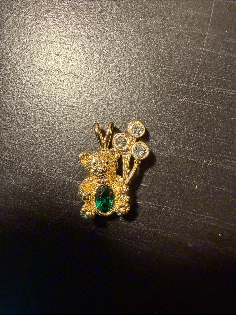 Gold Teddy Bear Charm with Emerald Green Stone and Clear Crystals
